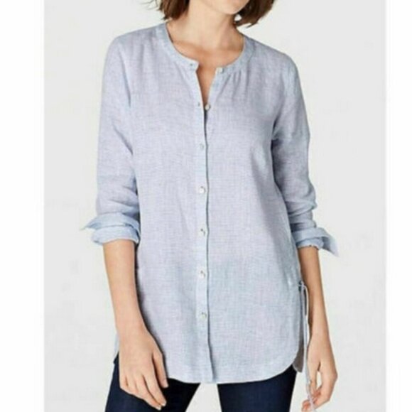 J. Jill Love Linen Side Tie Tunic Top Shirt 100% Linen Blue White Pin Stripe XS - Picture 1 of 13